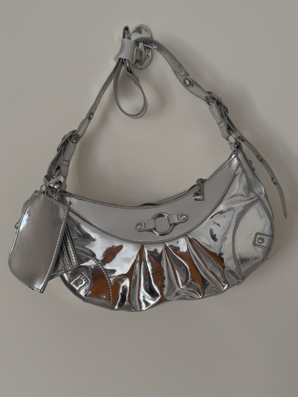 Metallic Silver Shoulder Bag with Pleated Detail